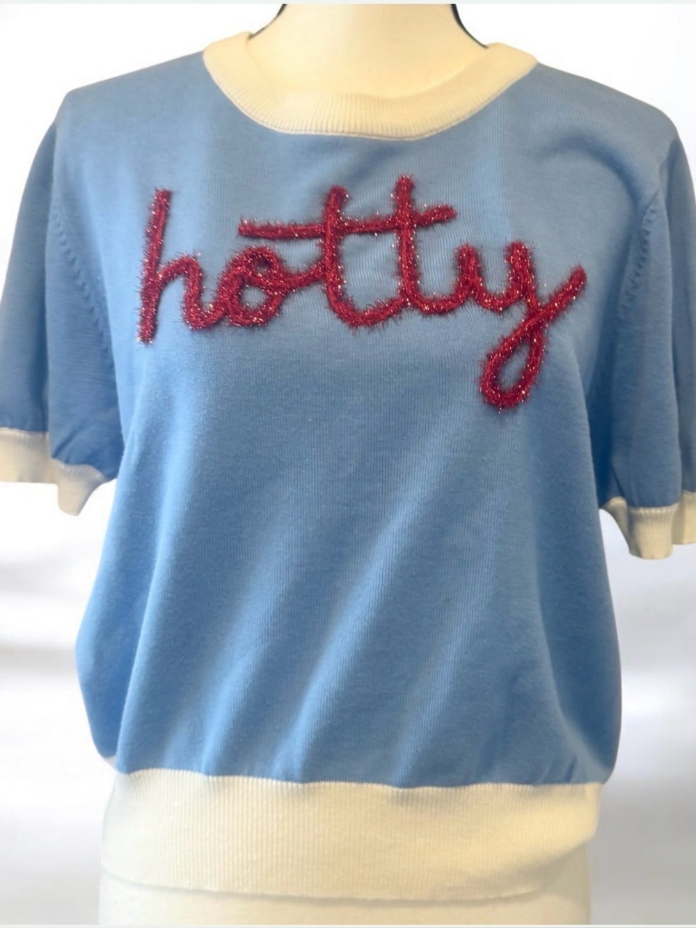 QUEEN OF SPARKLES Light Blue Top with Red Script